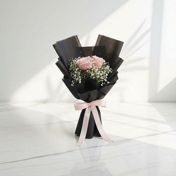 3 Pink Roses & Baby’s Breath Bouquet In Black Wrap
