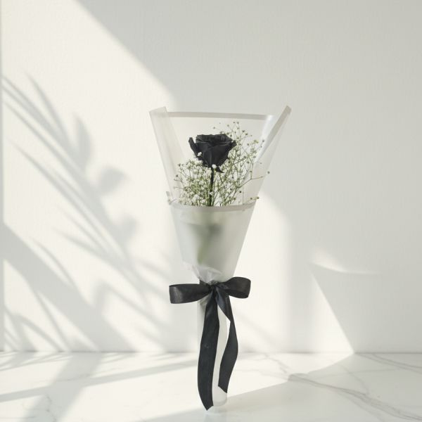 Single Black Rose With Baby’s BreathWhite Bouquet