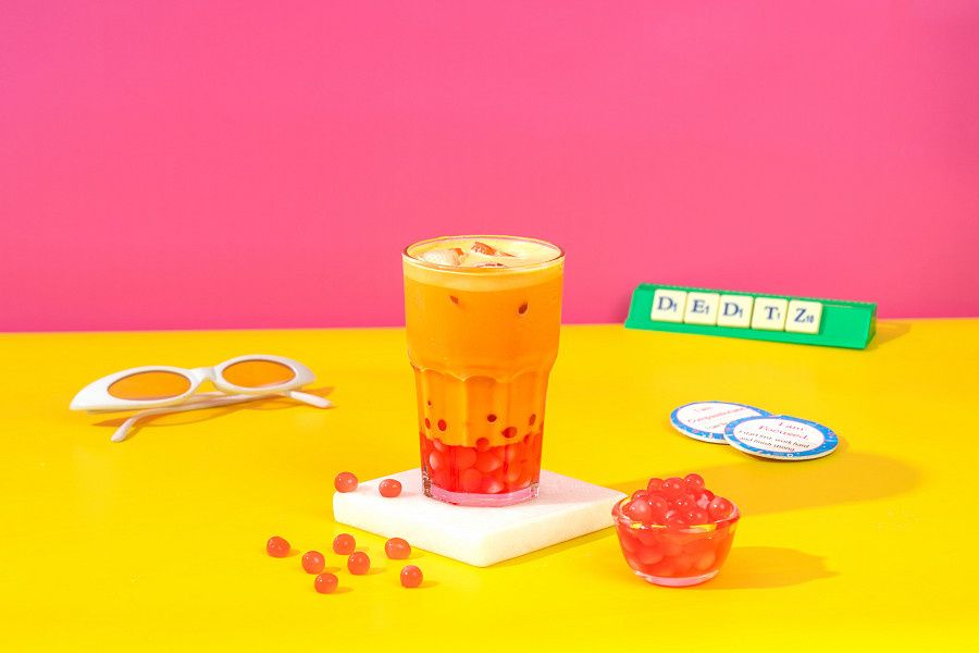 Berry Pink Thai Tea With Strawberry Boba