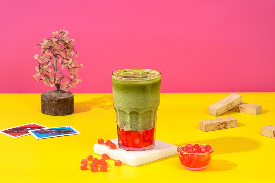 Strawberry Swirl Matcha With Strawberry Boba