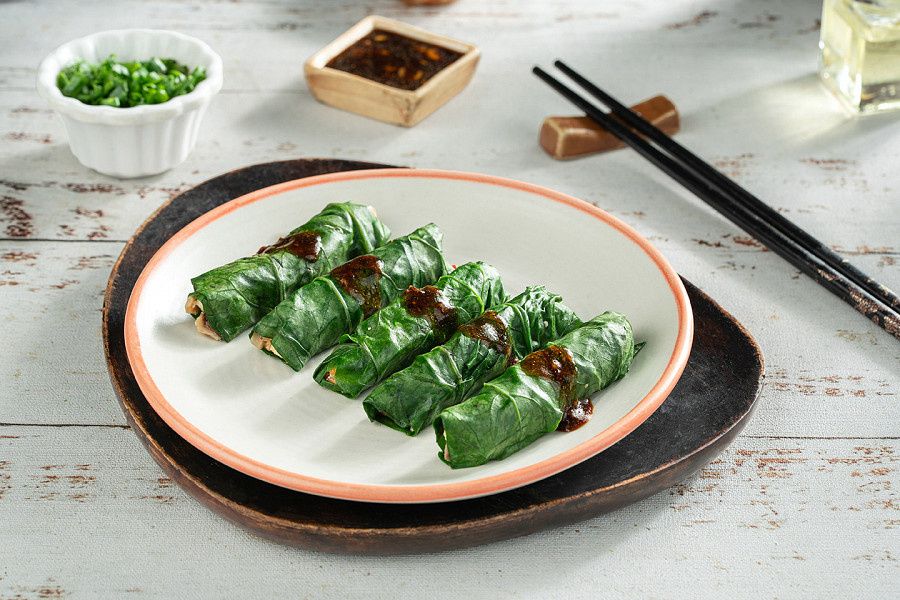 Spinach & Tofu Dimsum, Black Bean Drizzle
