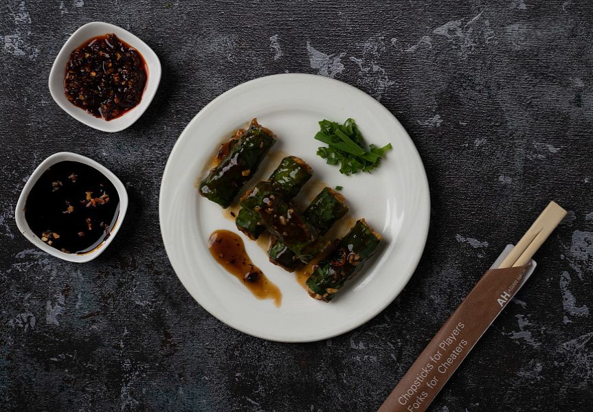 Spinach & Tofu Dimsum, Black Bean Drizzle