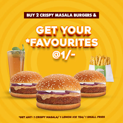 Buy 2 Crispy Masala Burger & Get Your Favorites @1/-