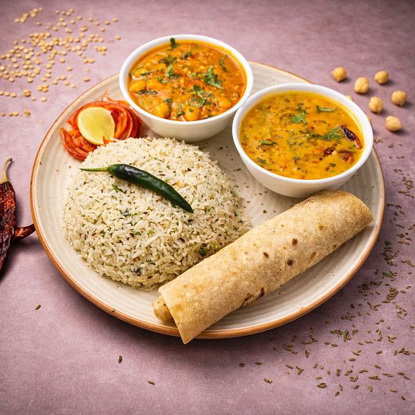 Jeera Rice + Roti + Chole Masala + Dal Tadka + Pickled Onion Salad