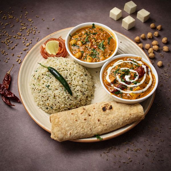 Royal Paneer Butter Masala Meal (Jeera Rice, Roti, Chole Masala, Pickled Onion Salad)