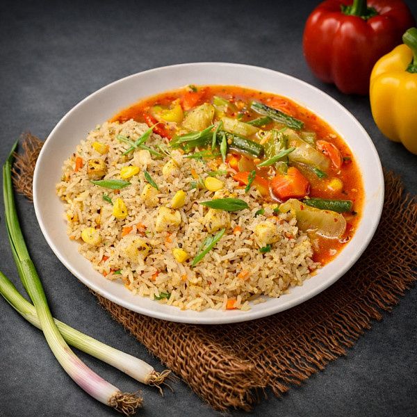 Paneer Corn Fried Rice With Veggies In Hot Garlic Sauce
