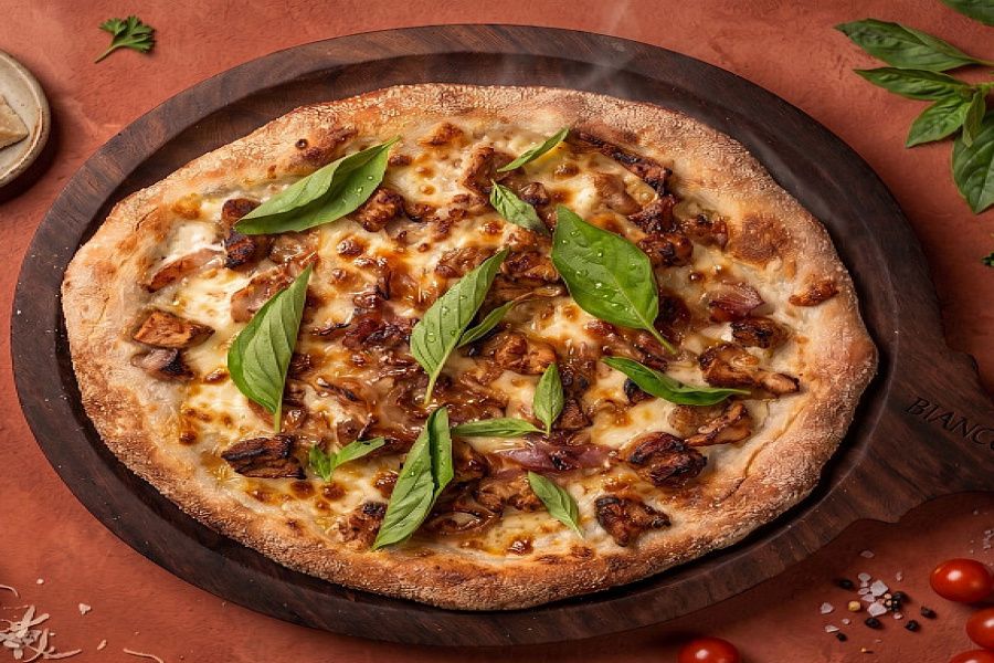 Bianco: White Creamy Sauce Topped With Savory BBQ Chicken.