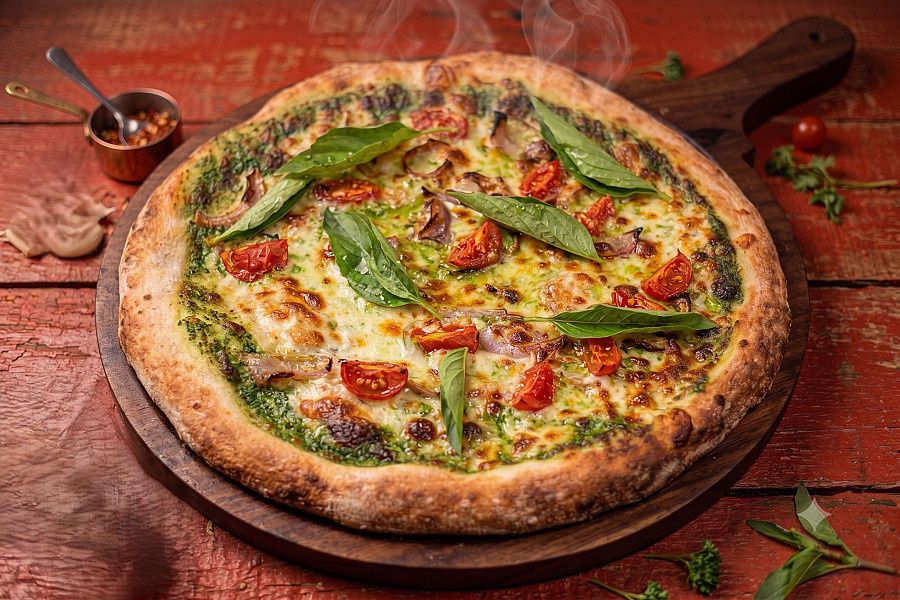 Pesto Veg Pizza (18 Inch - Largest In Durgapur) Homemade Basil Pesto Sauce With Onion And Tomato.