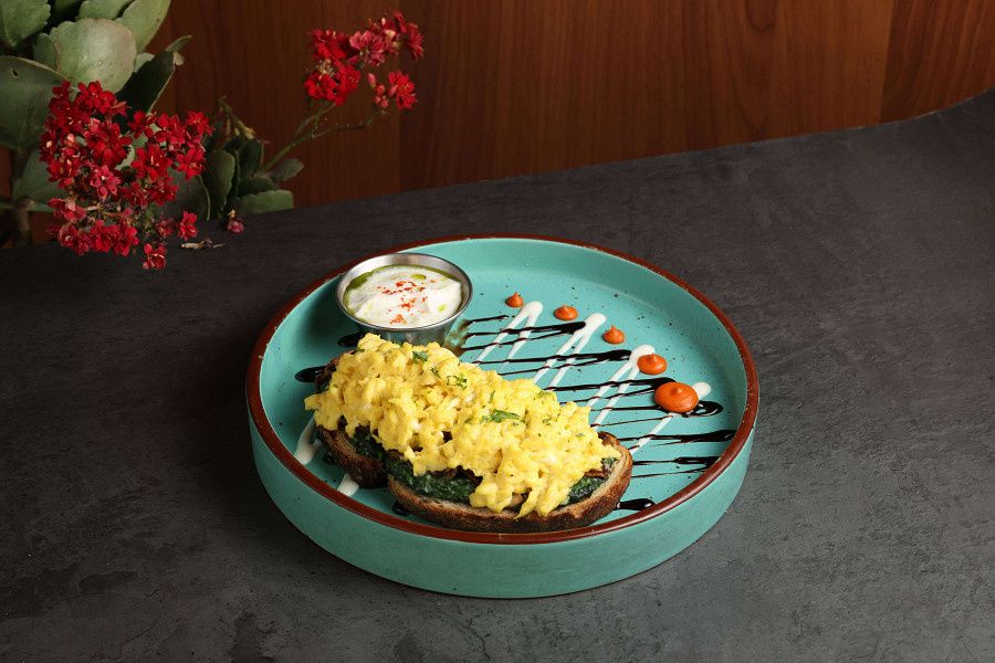 Wilted Mushroom And Spinach With Scrambled Egg Tartine