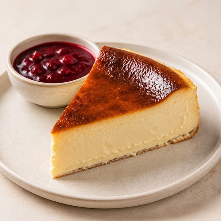 Burnt Basque Cheesecake Slice with Berry Sauce