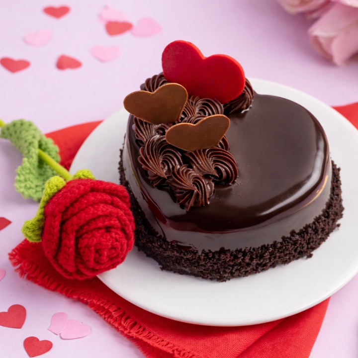 Valentine's Chocolate & Strawberry Heart Shaped Cake with Crochet Rose